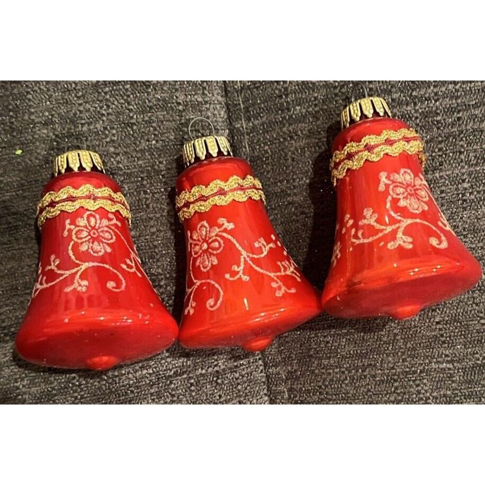 3 VINTAGE G&D OF WEST GERMANY GLASS ORNAMENTS RED WITH GOLD FLORAL GLITTER BELLS
